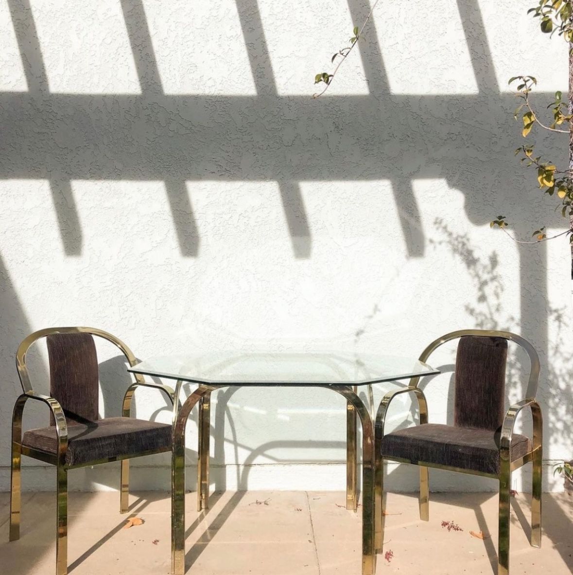 Vintage Brown Brass and Velvet Table Set (4 Chairs)