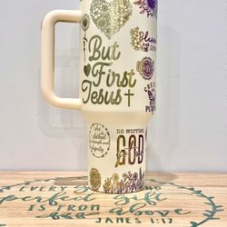 40oz scripture custom engraved insulated tumbler with handle and stainless Steele straw !