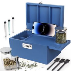Large Blue Bamboo Box with Combination Lock, Decorative Storage Box with Detachable Compartment, Wooden Box with Alright Jars & Brushes & Storage Tube