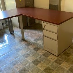 Wood And Metal  Desk with Locking File Cabinets