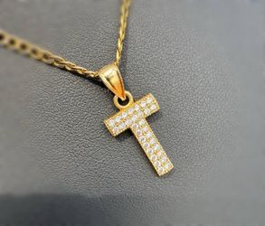 Jewelry 14k yellow two tone gold curb chain necklace 20.50” 2.50 mm width CZ 0.30CTW  Letter "T" pendant charm