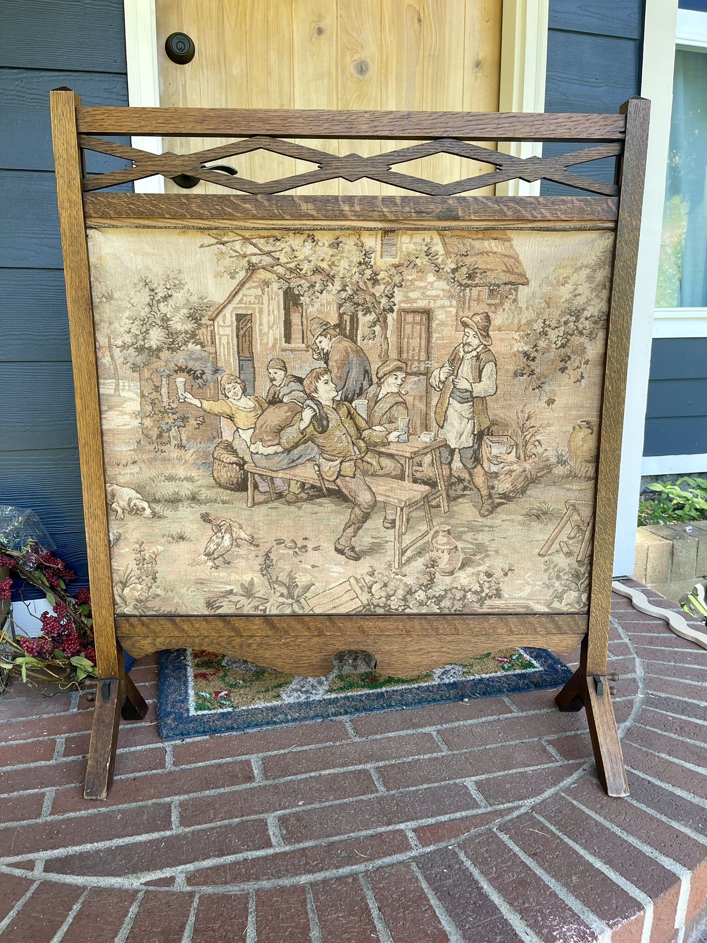 Antique Fire Screen Wooden With Tapestry