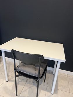 White Desk + Black Chair with Grey Cushion