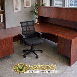 🔥 Mahogany L-Shape Office Desk w/ Hutch + FREE Rolling Chair 🔥 FREE DELIVERY