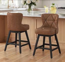 Brown Faux Leather Swivel Bar Stool Metal Leg Upholstered Nailhead Trim Bar Chair (Set of 2)