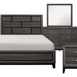 🔥 Brand New Gray Queen Bedframe + Dresser + Mirror + Nightstand 4PCs Set