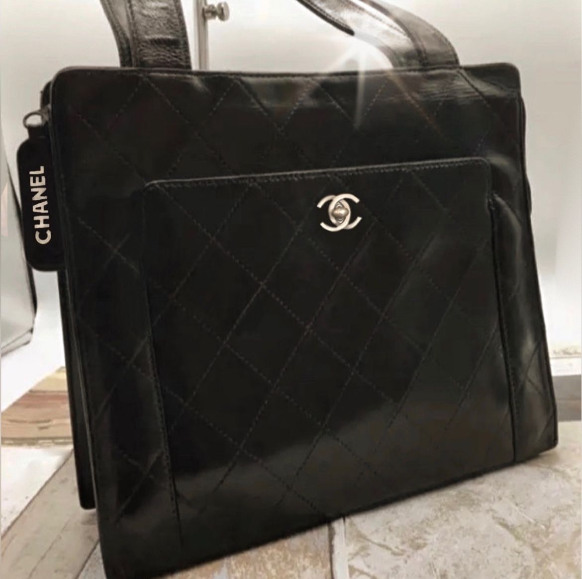 Authentic CHANEL Vintage Black/Brown Tote Serial (contact info removed) Shoulder Bag.