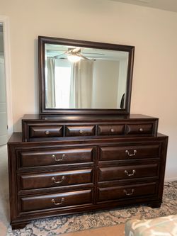 Mill valley ll brown cherry dresser with mirror and king size bed frame