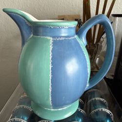 New Bergschrund Seattle 2000 Water Pitcher Unique Shaped Blue Teal White - Also great to use as a vase / home decor   Approx 7 inches tall.  6 total A
