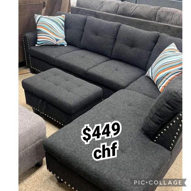 Black Living Room Sectional Sofa With Storage Ottoman 