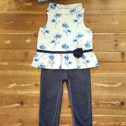 3T 2-PIECE OUTFIT JANIE AND JACK WHITE & BLUE FLORAL HALTER PEPLUM TOP W/DARK NAVY JEGGINGS 