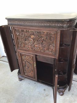 Antique Asian Hand-Carved Wooden Bar Cabinet