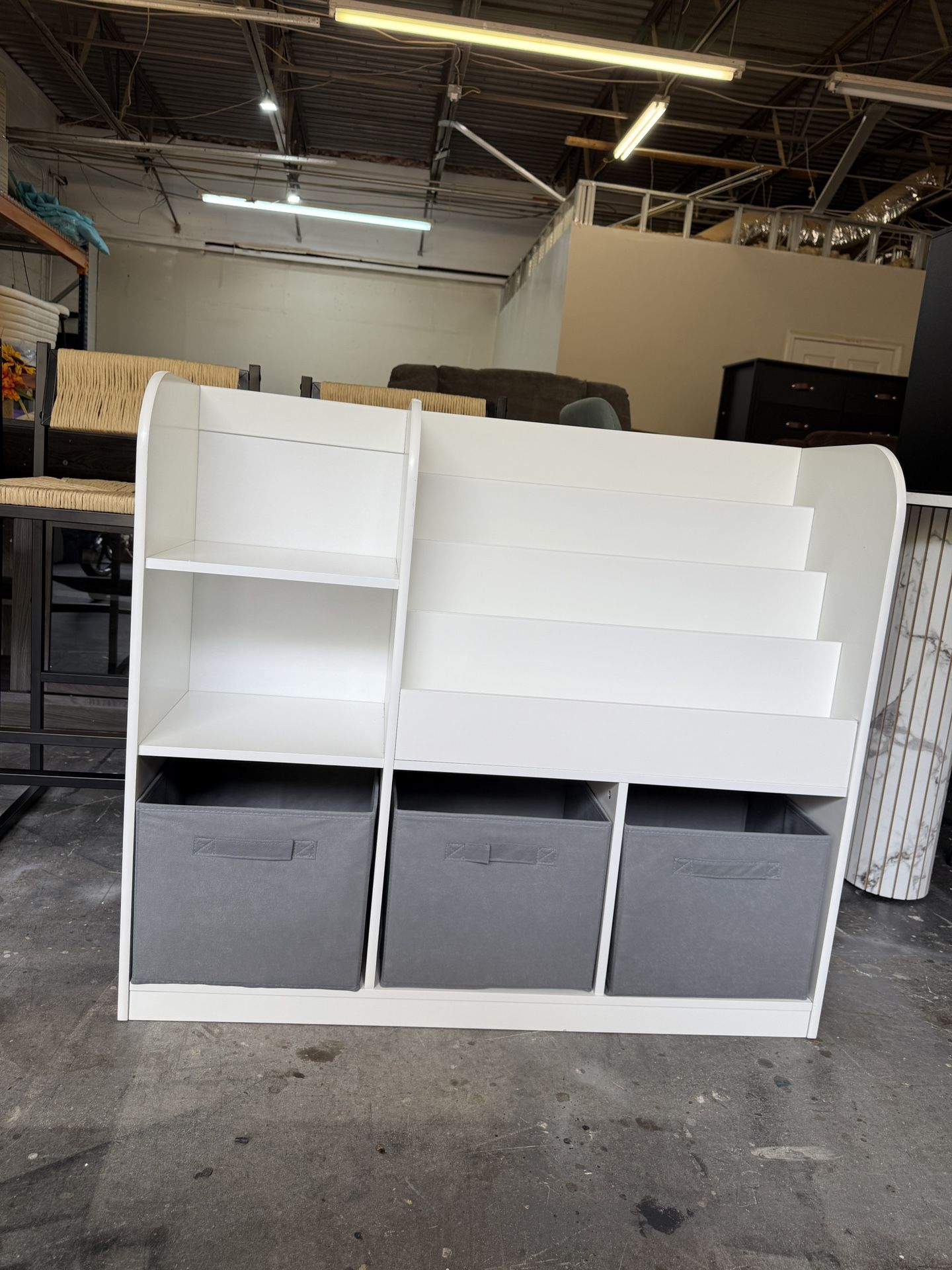 Brand new Bookcase with 3 Collapsible Fabric Drawers, Children's Book Display with Multi Shelf Cubbies, Toy Storage Cabinet Organizer for Bedroom, Pla