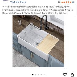 White Farmhouse Workstation Sink 31 x 18 Inch, Firecaly Apron Front Undermount Farm Sink, Single Bowl, w Accessories 4 Types, Reversible (Sleek & Flut