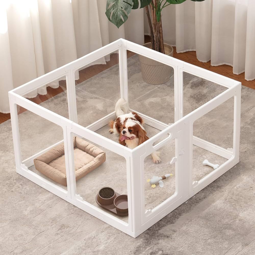 Acrylic Dog Playpen Indoor, Clear Dog Play Pen for Puppies and Small Dogs, Easy Assembly & Clean Puppy Pen (23.6", 8 Panels, White)