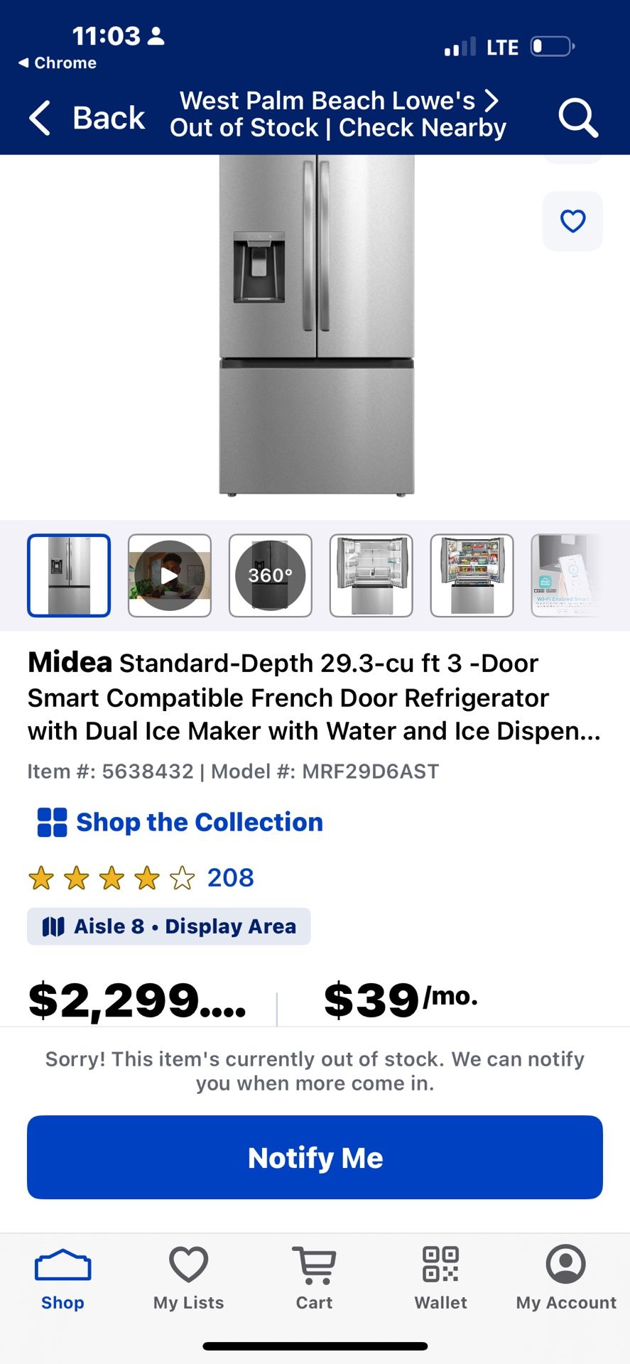 Midea 29.3 Cubic Feet SS Fridge New
