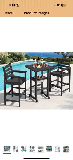 New in box SERWALL 3 Pieces Outdoor Bar Chairs Table with Ice Bucket Set, Black HDPE Tall Adirondack Chairs Set, Bar Height Chairs Set, Balcony Adiron