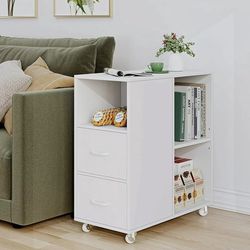 Side Table with 2 Drawers, Mobile File Cabinet Nightstand with Adjustable Shelf for Office Living Room, White Finish