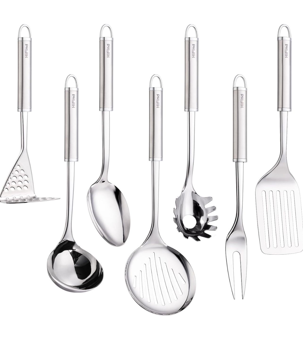 Brandnew Stainless Steel Cooking Utensils 7PCS Kitchen Utensils Set, Heat Resistant Handle Utensils Set Included Ladle, Meat Fork, Slotted Spatula, Pa