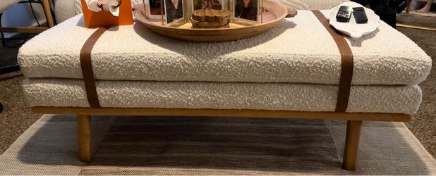 Upholstered Bench Cream Boucle/ Natural: Wood Legs, Faux Leather Strap, multi use