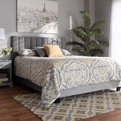 Full Size Bed Frame- Gray Velvet Panel with Tufted headboard
