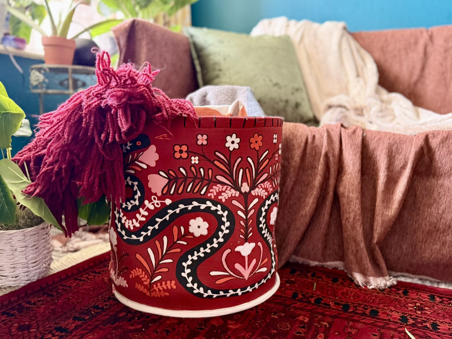 Embroidered Fabric Storage Bin Laundry Basket– Bold Red with Floral Design