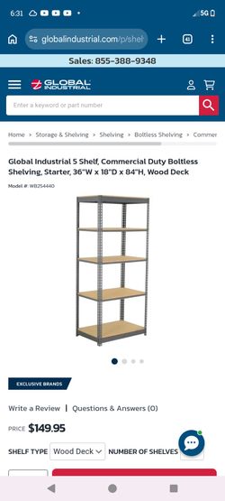 Storage & ShelvingShelvingBoltless ShelvingCommercial Duty Boltless Shelving
Global Industrial 5 Shelf, Commercial Duty Boltless Shelving, Starter, 36