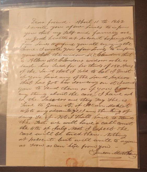 1842 Edgefield, SC to Green County Illinois Re: Probate Issue -need Dowery  (Transcribed)