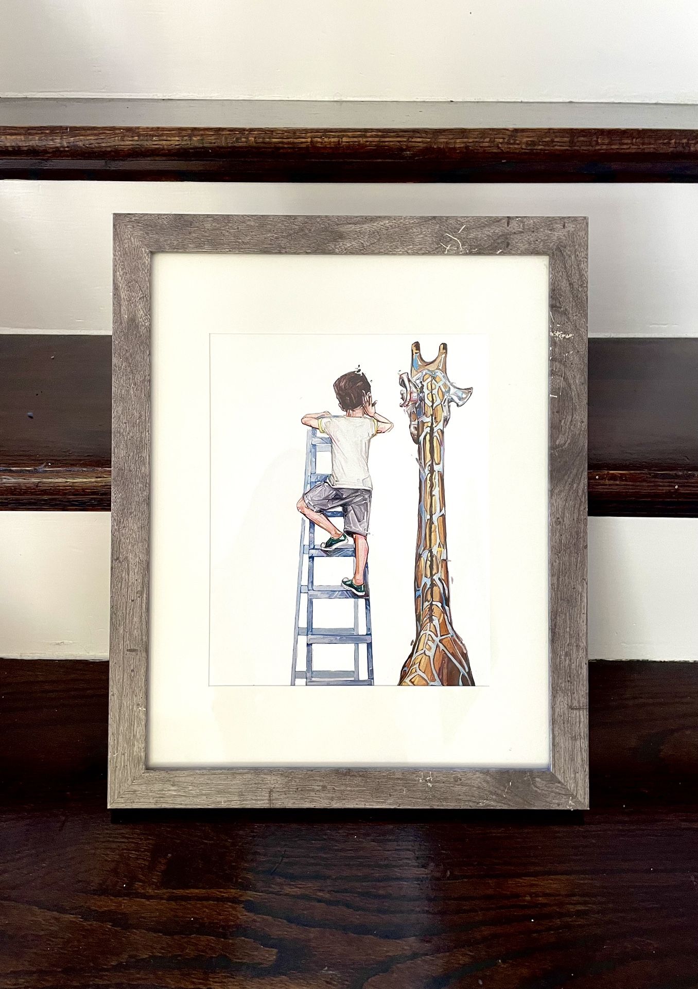 Pop Surrealism Vintage Framed Art Print Giraffe & Monkey By McKenzie Fisk Child