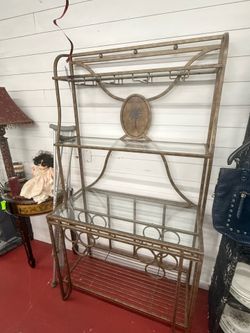 Vintage Tropical Glam Metal & Glass Baker's Rack / Home Bar Console