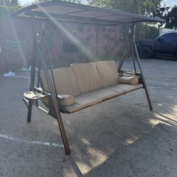 Porch Swing With Hardtop Sunshade 3 Person Khaki Columpio Outdoor Furniture Patio 