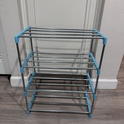 4-Tier Metal Shoe Rack / Storage Shelf – Chrome Bars w/ Blue Frame – 17.5x10x21.5