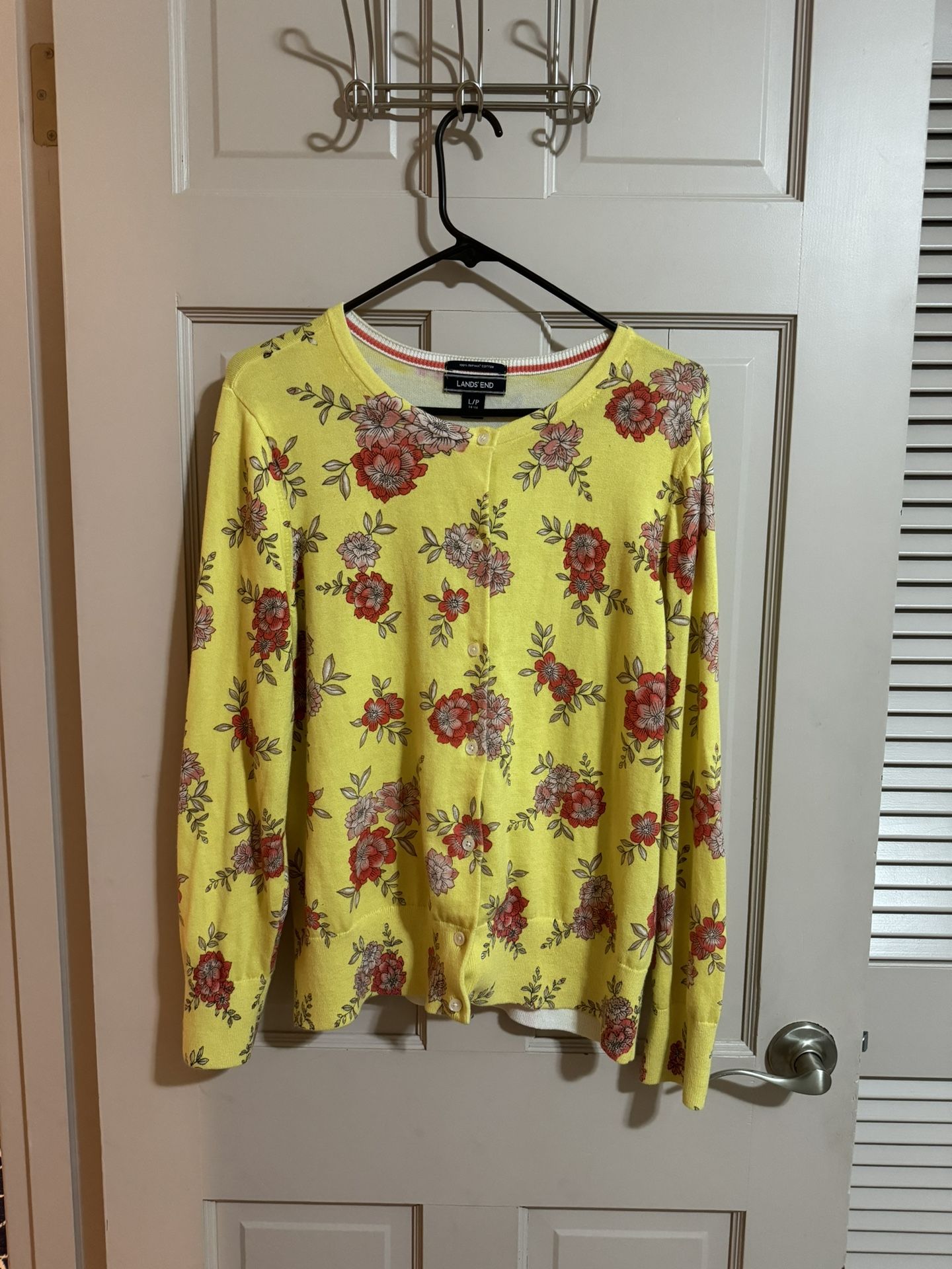 Lands End Cardigan Sweater Women Size L/P Yellow Floral Long Button Up Casual