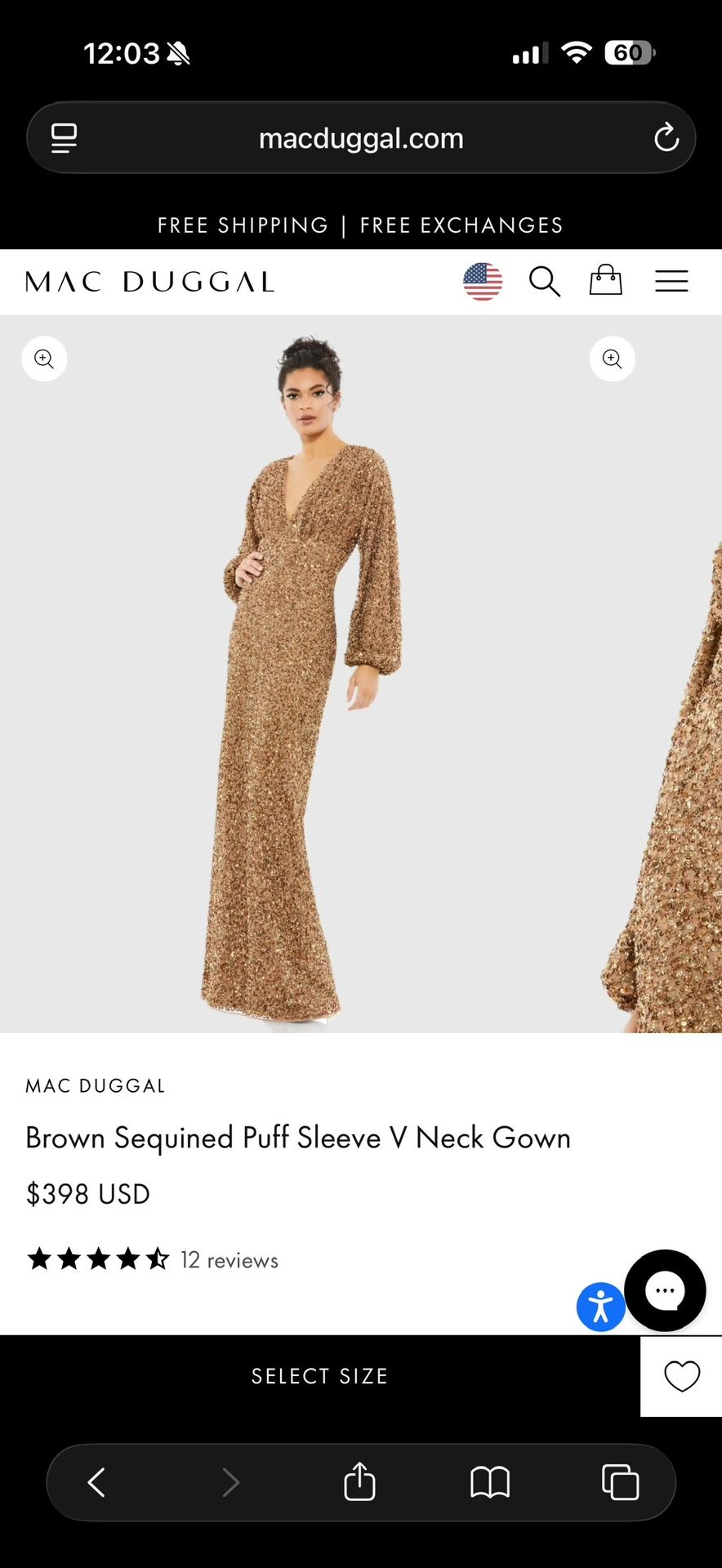 Mac Duggal Brown Sequined Puff Sleeve V Neck Gown