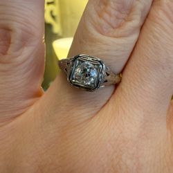 18K Gold Art Deco Ring With Natural Old Euro Cut Diamond 