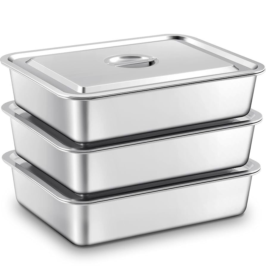 3 Pcs Stainless Steel Bus Tubs with Lid 4" Deep Meat Commercial Tote Box Dishwashing Utility Prep Tub Table Pans, Silver (17.7 x 13.7 Inch)