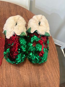 Christmas Sequin Slippers with Faux Fur Trim