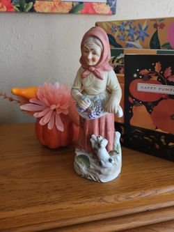 Vintage Porcelain Old Woman Figurine with Rabbit