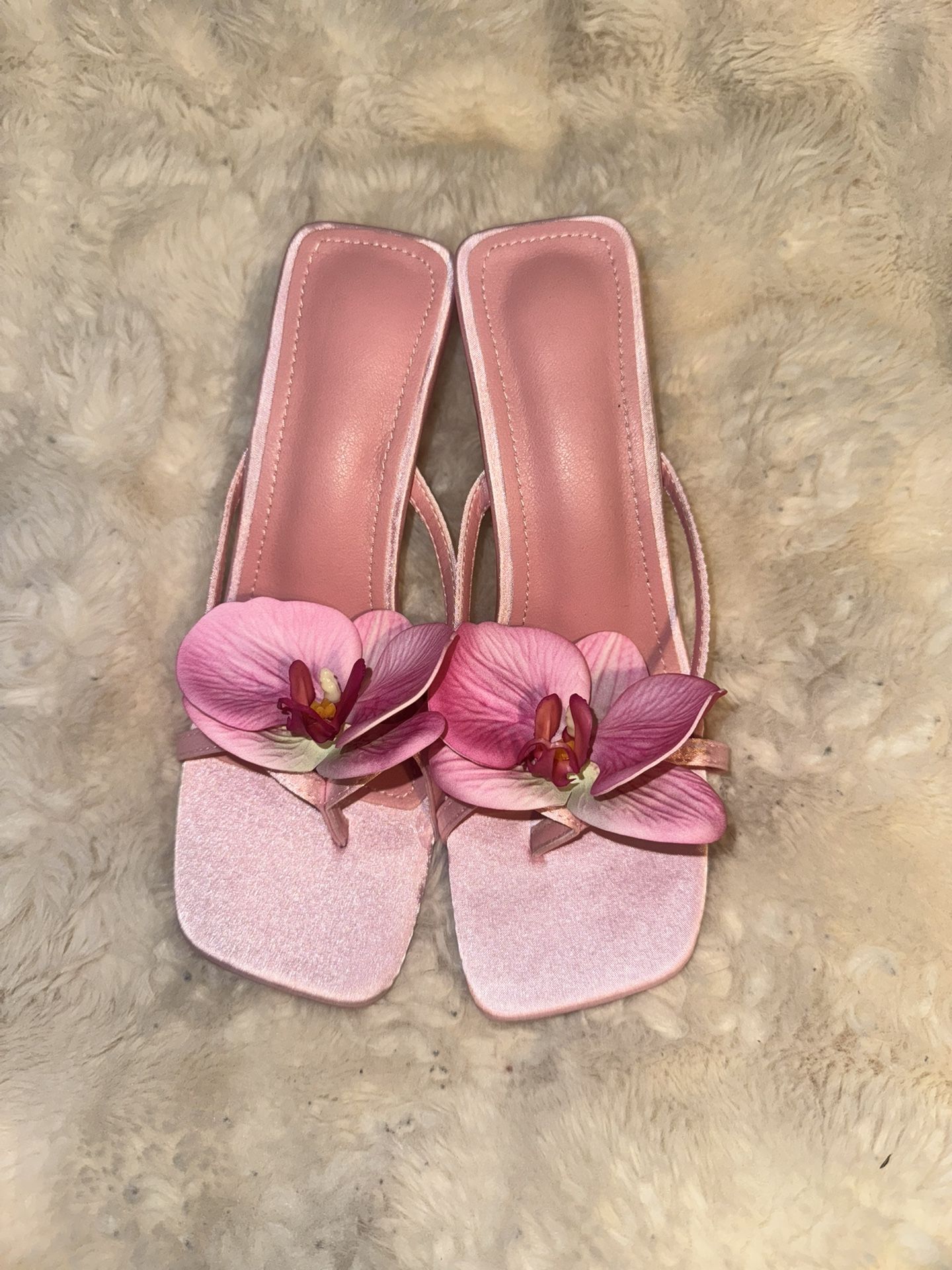 Pink Satin Flower Open Toe Stiletto High Heel Sandals, Suitable For Spring/ Summer Travel And Beach sizes 7