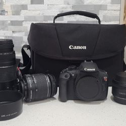 Canon EOS Rebel T5 with Camara Bag, 3 Lenses And Hood