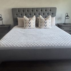 🛏️ King upholstered headboard and frame + Casper King  Memory Foam Mattress + 2 gray wood Nightstands + modern matte black Eliza table lamps