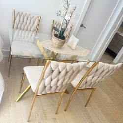 legant Glass Table with Modern Gold Base and Handcrafted Velvet Fabric C