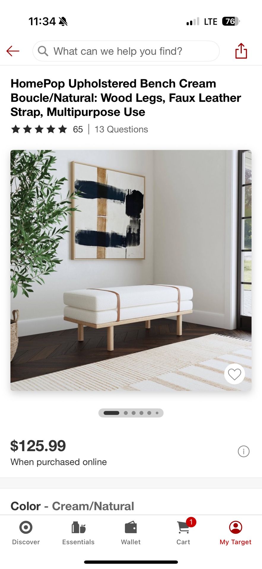 HomePop Upholstered Bench Cream Boucle/Natural: Wood Legs, Faux Leather Strap, Multipurpose Use