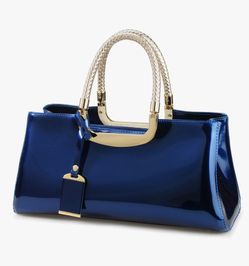 Blue Glossy Faux Patent Leather Structured Shoulder Handbag Women Evening Party Satchel
