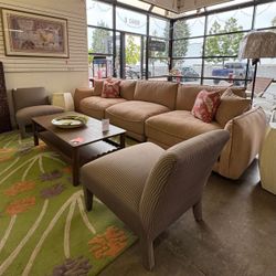 Pair of Neutral Striped Upholstered Slipper Chairs