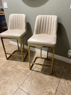 2 Cream/Beige Bar Stools with Gold Frame