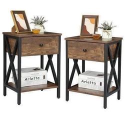 New Set of 2 End Table Sofa Side Tables with X-Design Metal Frame for Bedroom Home Brown