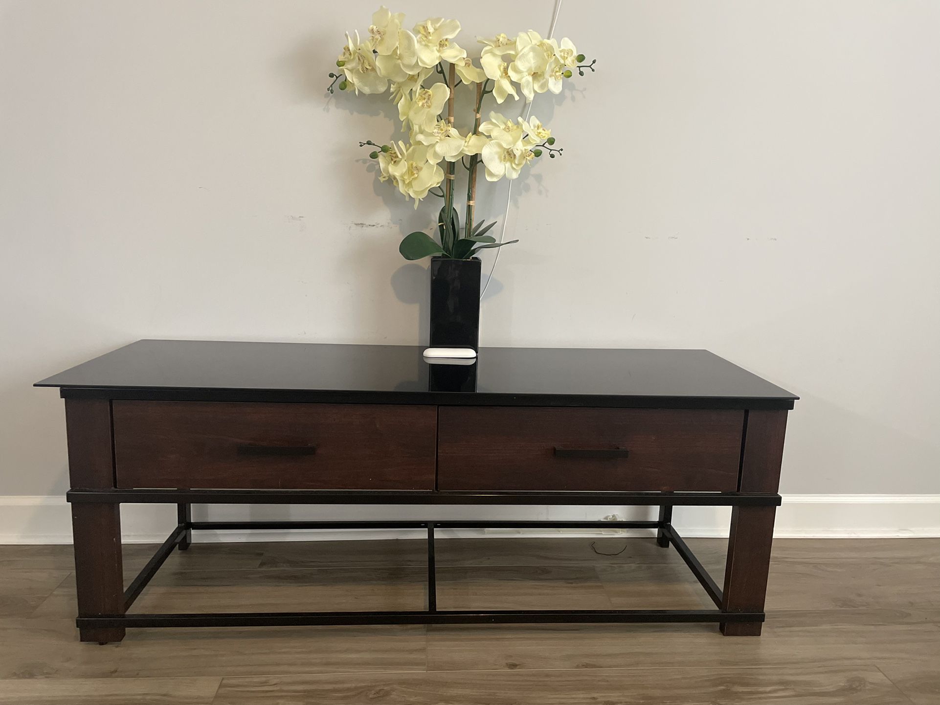 Wooden Black Glass Top Table