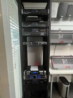Pro Audio Rack with Amplifiers and Mixers