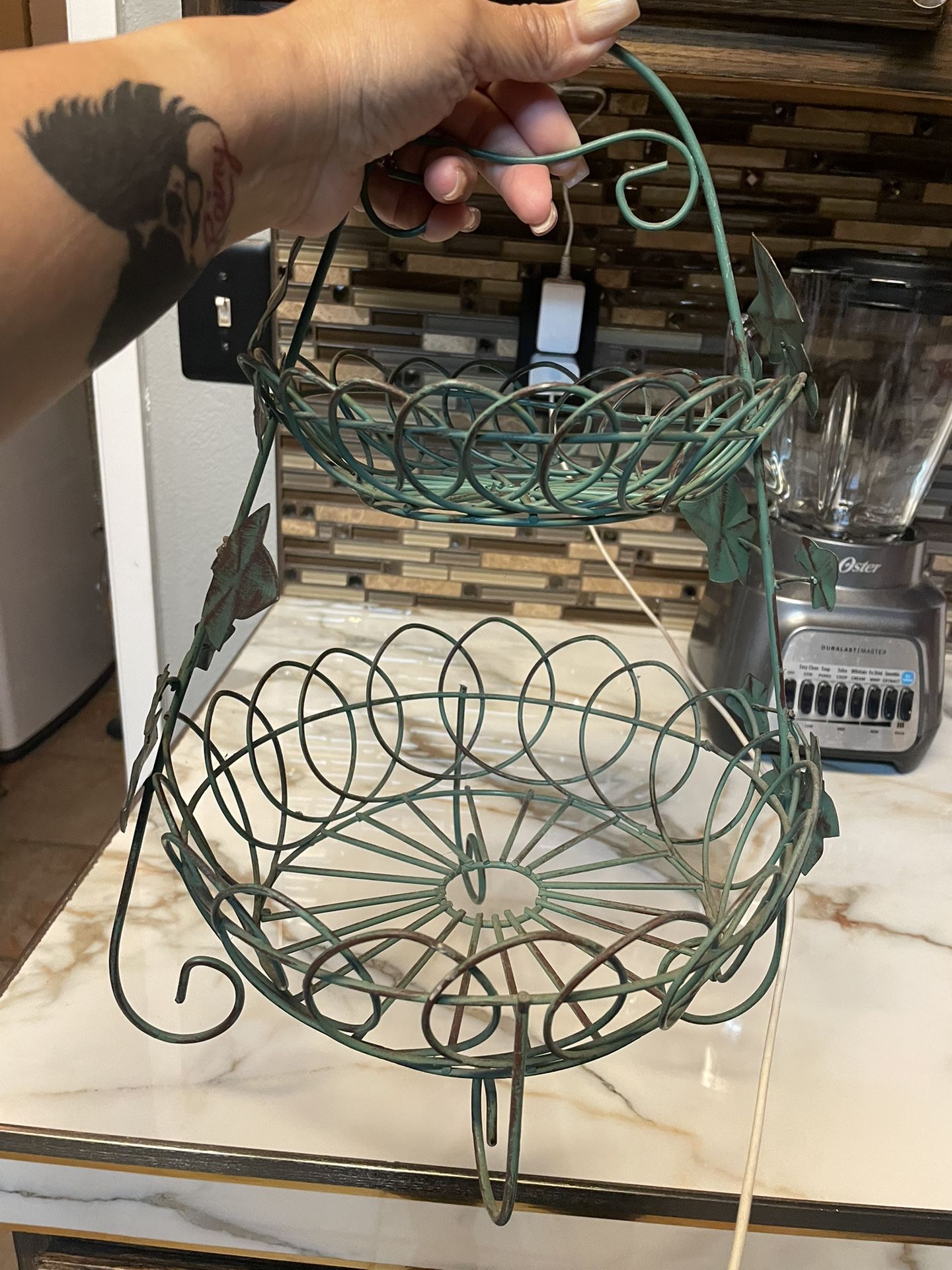 2 Tier Metal Green Rustic Grape Vine Basket